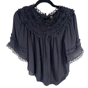 Anthropologie, Sz. XXS, Black Ruffle Yoke Blouse, Crinkle Gauze, Oversized, Boho